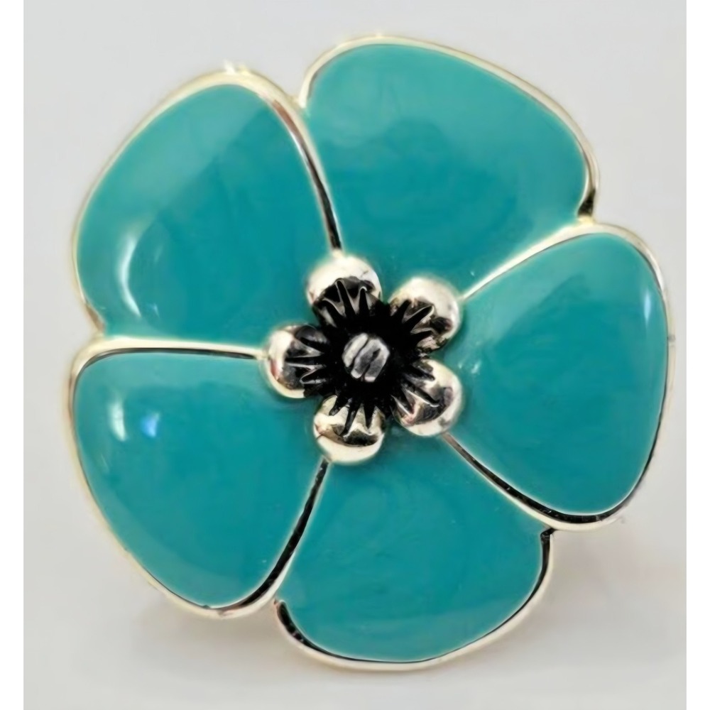 Premier Designs Silver Plate Turquoise Aqua Enamel Flower Statement Ring NIB
